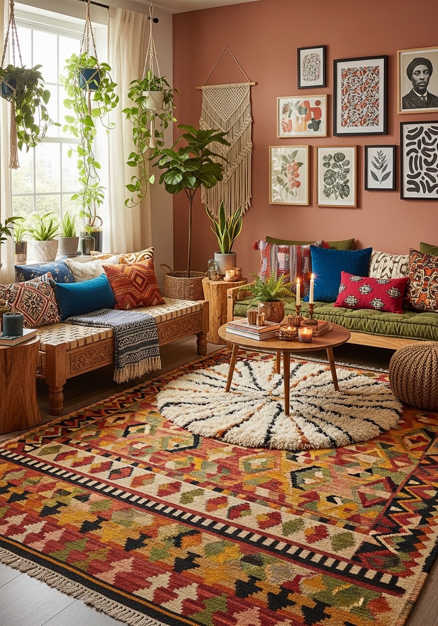 4. Afrobohemian Living Room Decor with Statement Rugs