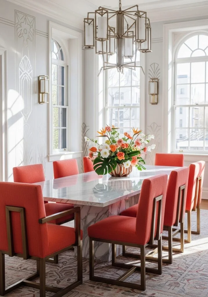 5. Marble Dining Table with Coral Upholstery