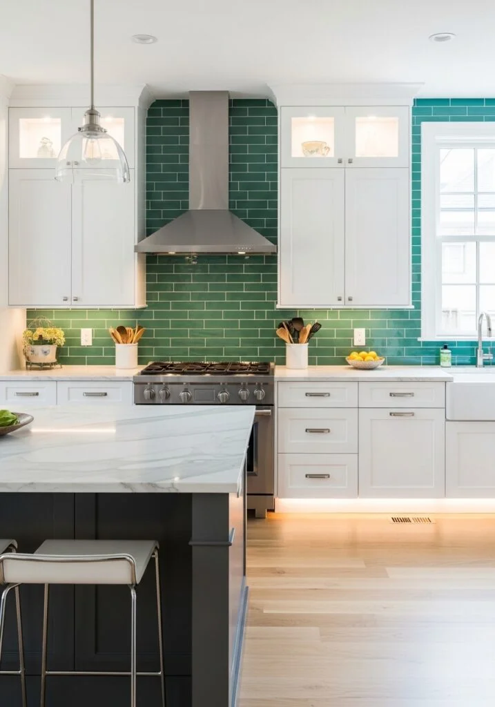 6. Emerald Green Backsplash Drama