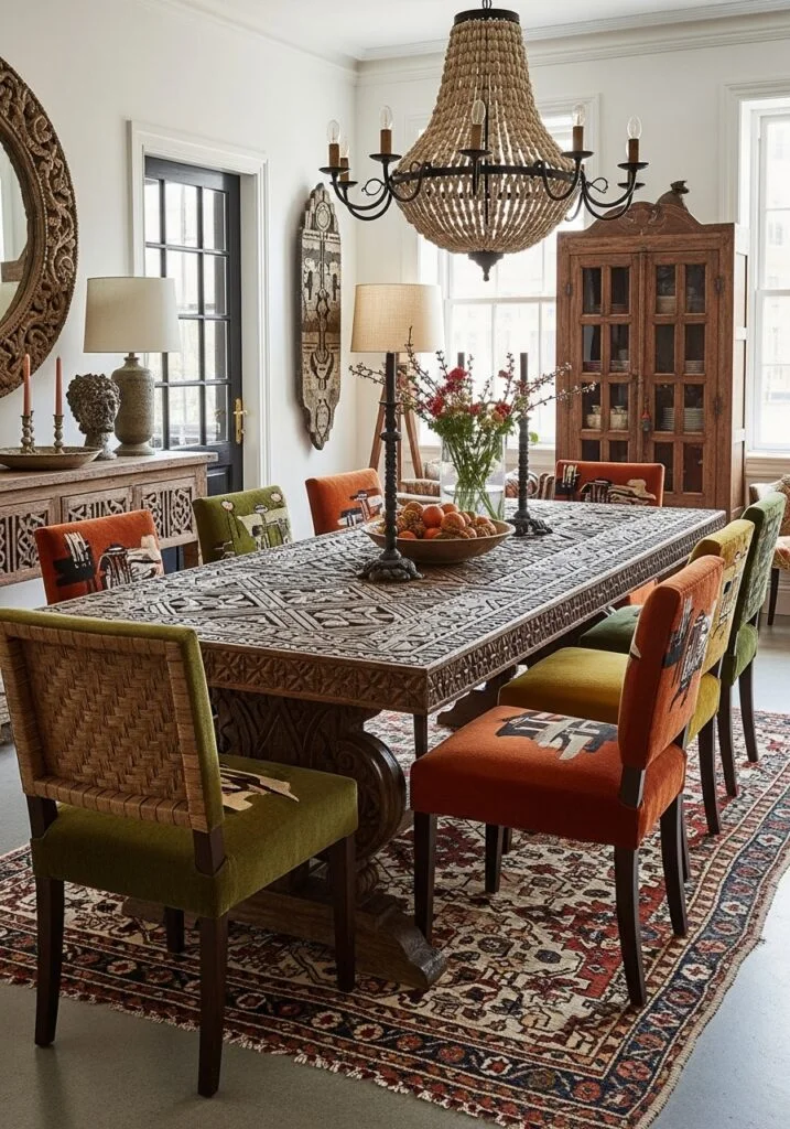 7. Afrobohemian Dining Room with Carved Wood Tables