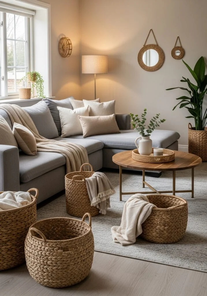 8. Add Woven Baskets for Storage and Texture