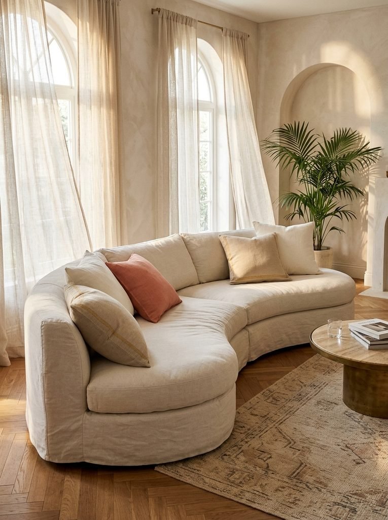 A curved sofa anchors most Neo-Deco rooms, and its fabric decides how it feels to sit on in August. 