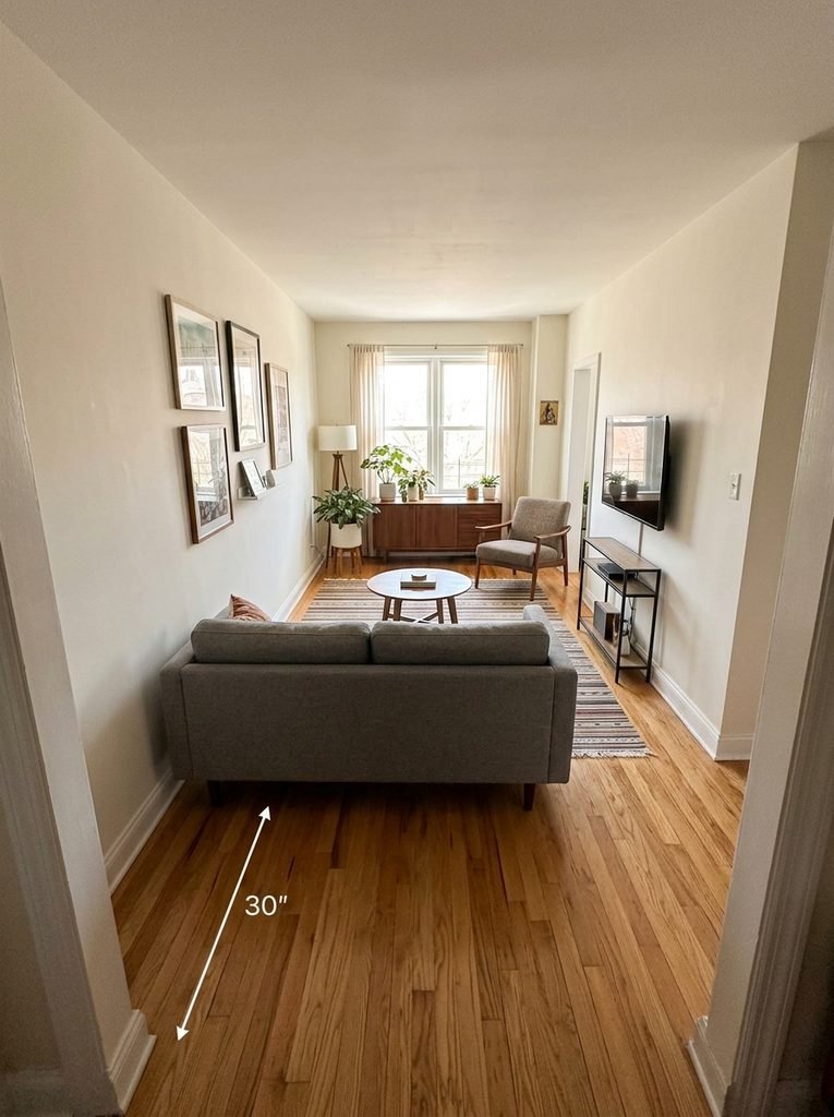 A room 8 feet wide and 15 feet long tends to read as a corridor with a sofa in it. You have two ways to break the tunnel.