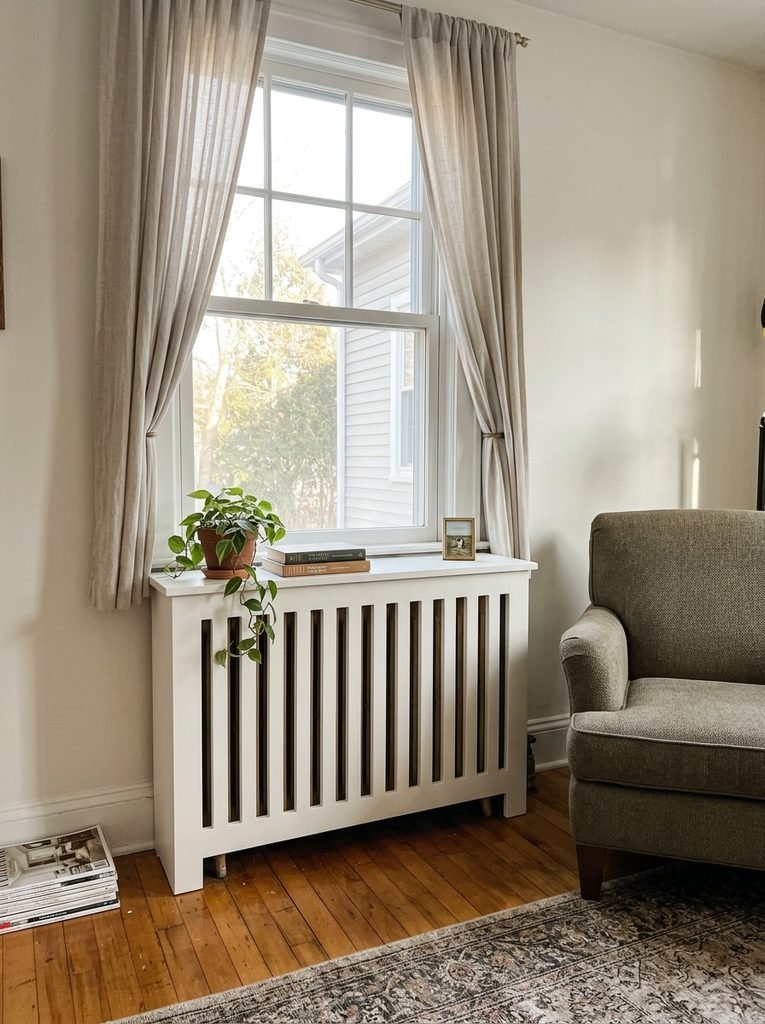Check which kind you have first. A hot-water radiator or built-in baseboard unit stays put, so plan around it.