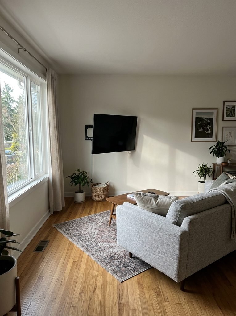 A screen opposite a window becomes a mirror by mid-afternoon.