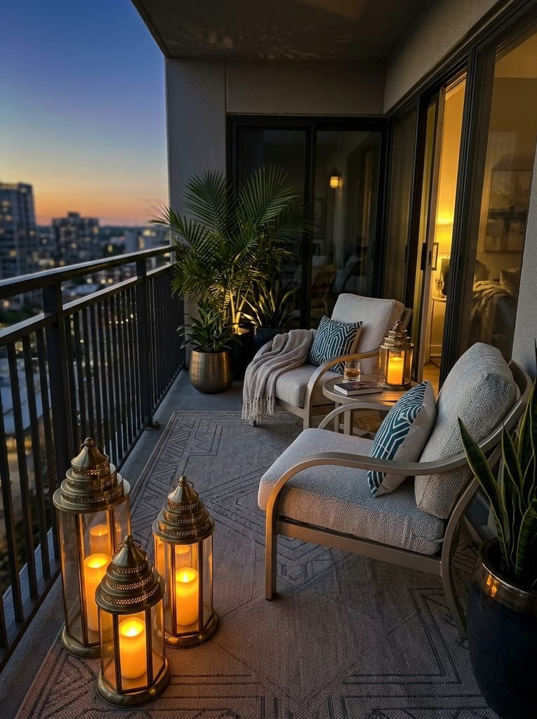 A balcony is where Neo-Deco makes the most sense in summer, because you use it at dusk when the heat breaks. Choose curved aluminum lounge chairs in white or champagne. 