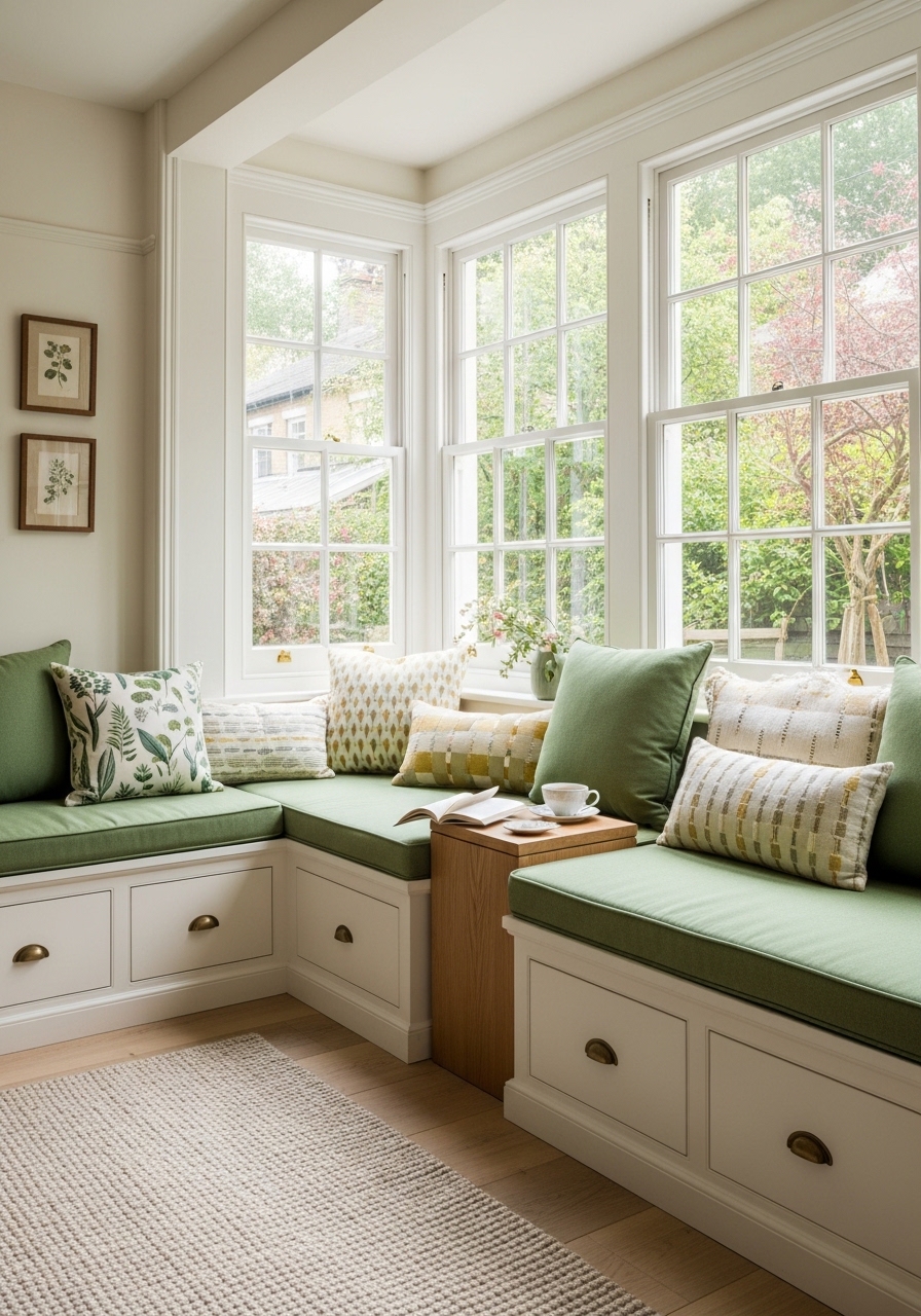 Built-in Window Seats with Sage Green Cushions