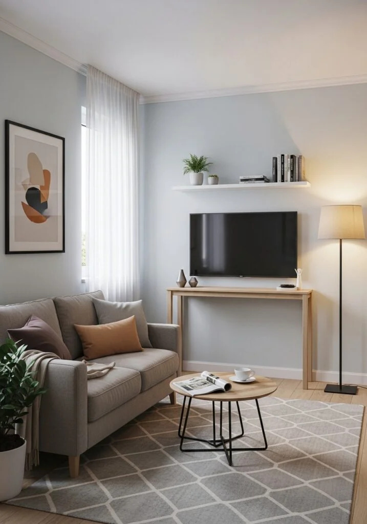 Compact living room with narrow wooden TV console