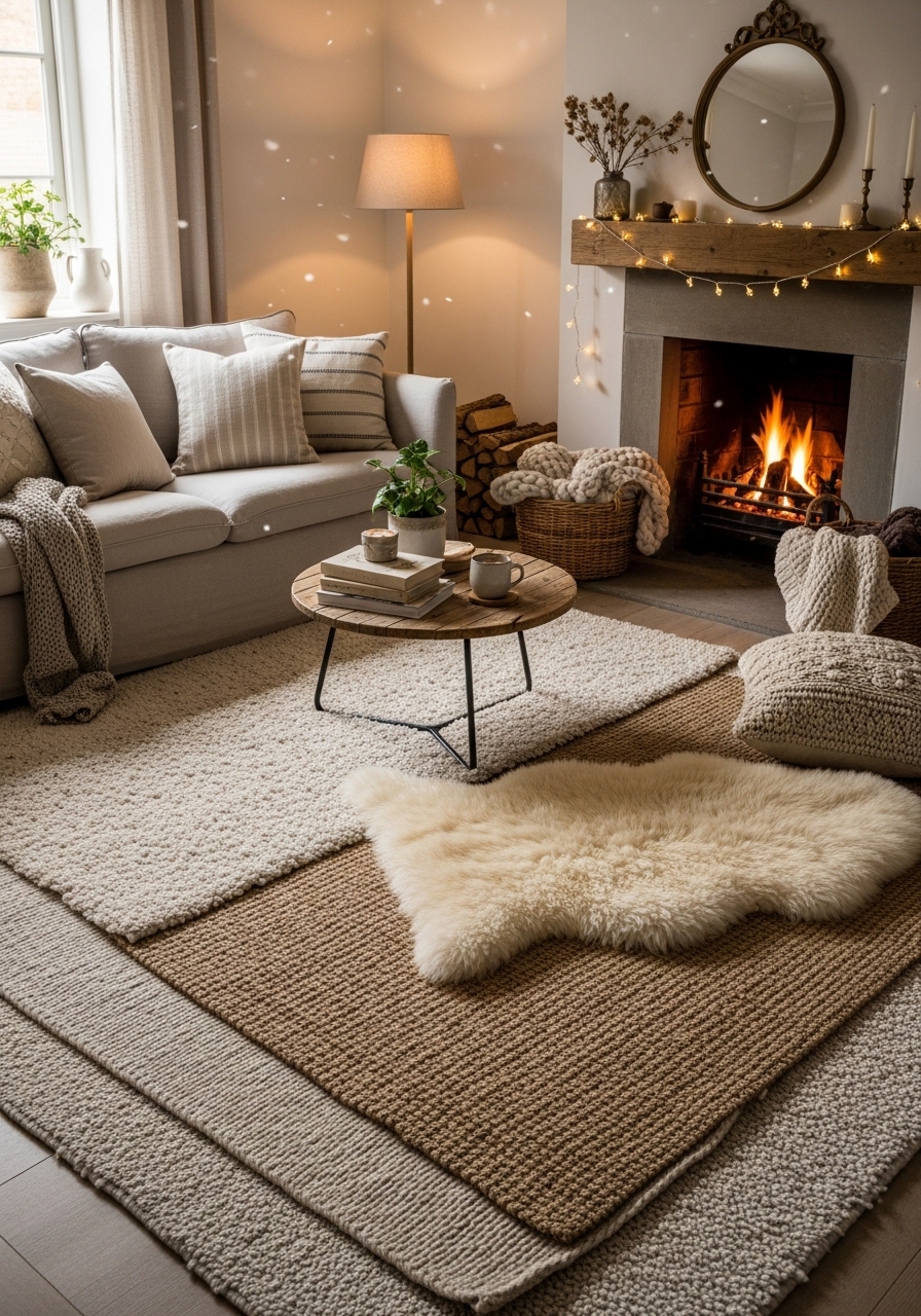 Cozy small living room with layered rugs