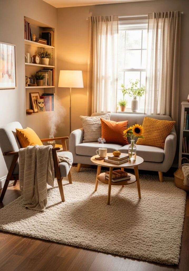 Cozy small living room with plush area rug