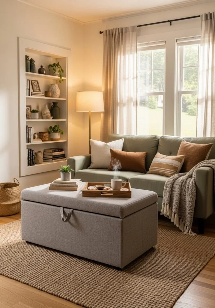 Cozy small living room with storage ottoman