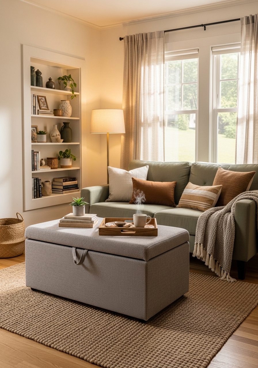 Cozy small living room with storage ottoman