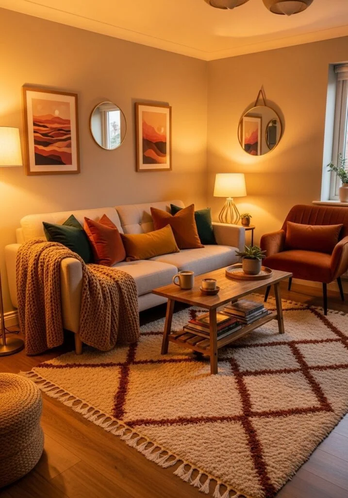 Cozy small living room with warm ambient lighting