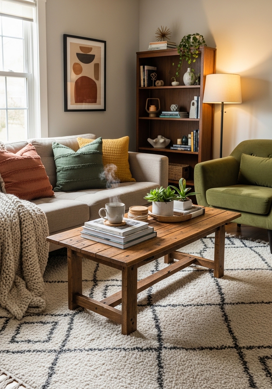 Cozy small living room with wooden coffee table