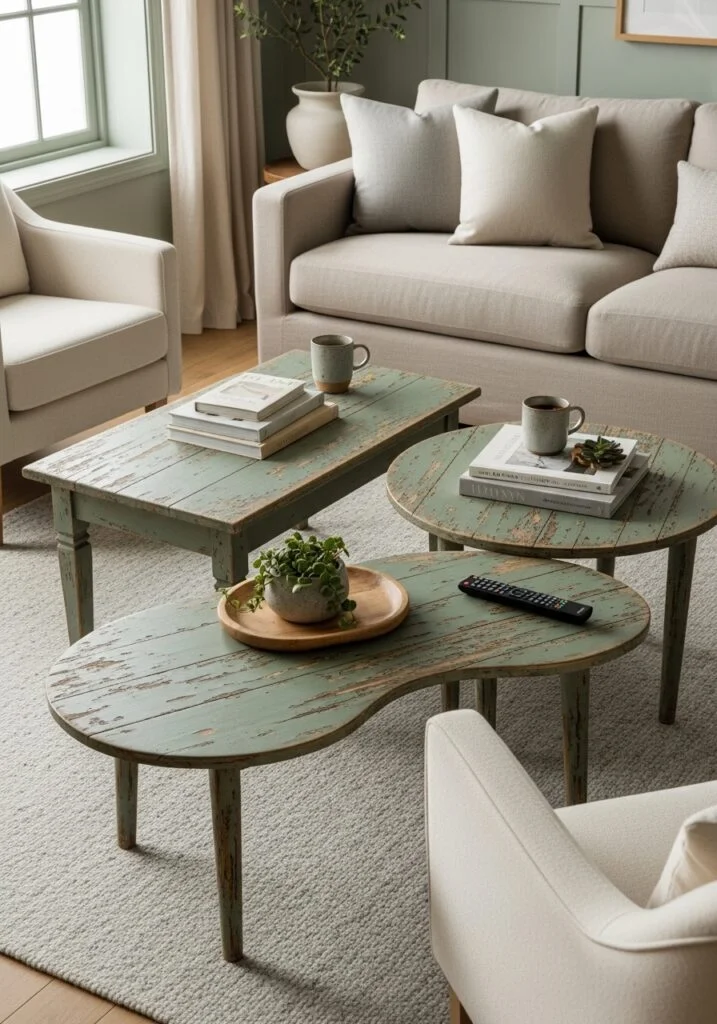 Distressed Wood Coffee Tables in Sage Green Settings