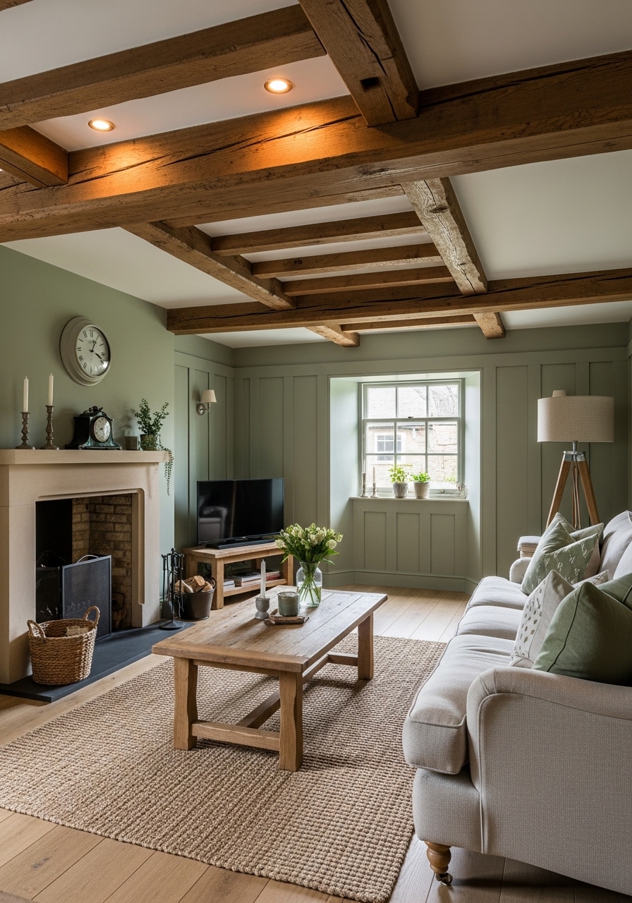 Exposed Wooden Beam Ceilings with Sage Green Walls