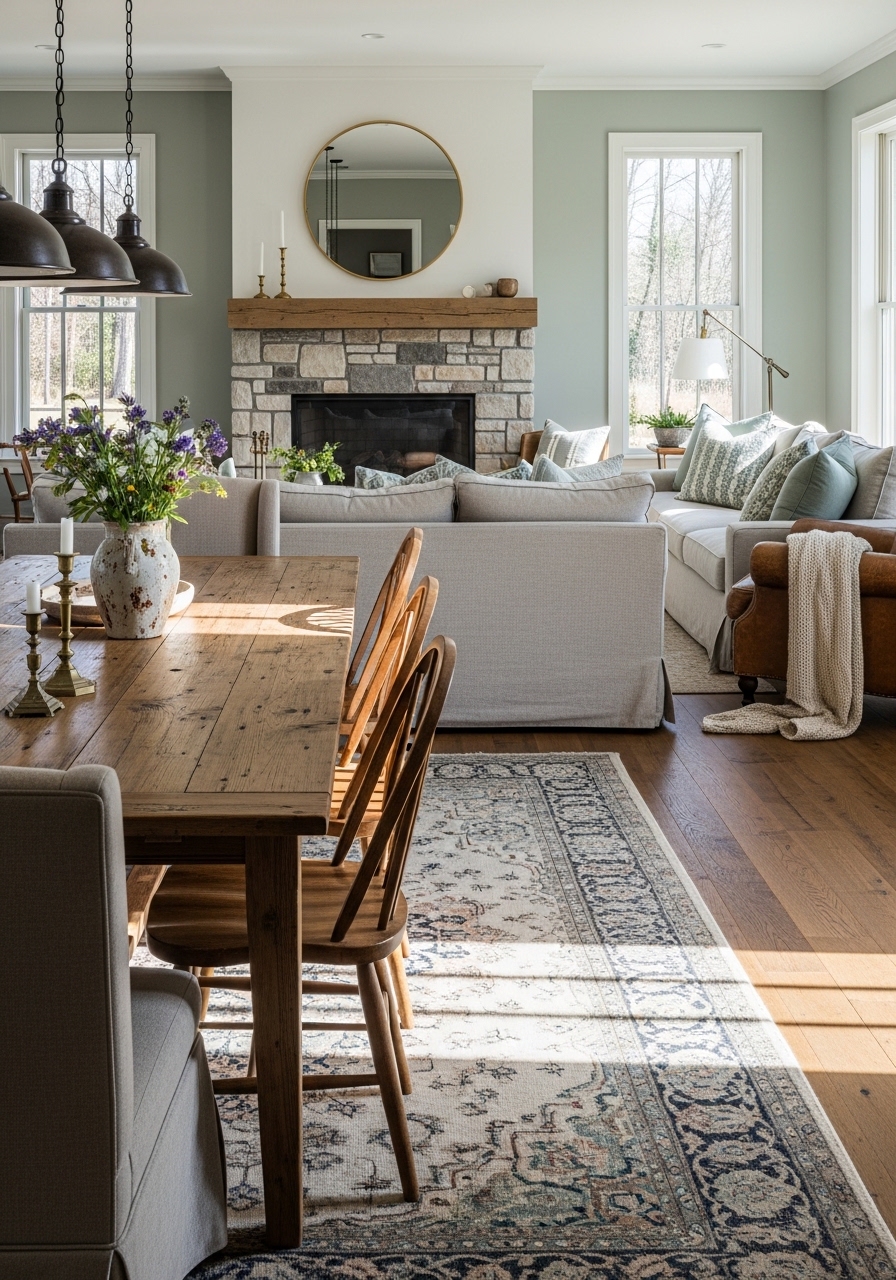 Farmhouse Dining Tables Extending into Living Areas