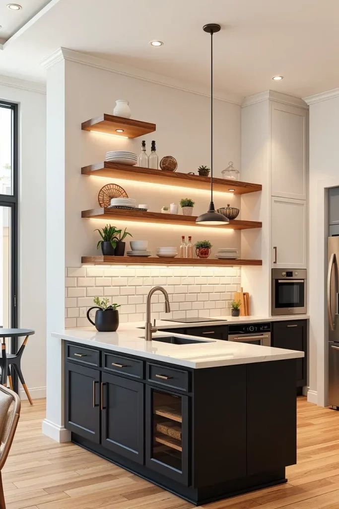 Floating shelves are a minimalist favorite in small kitchen trends for 2026.