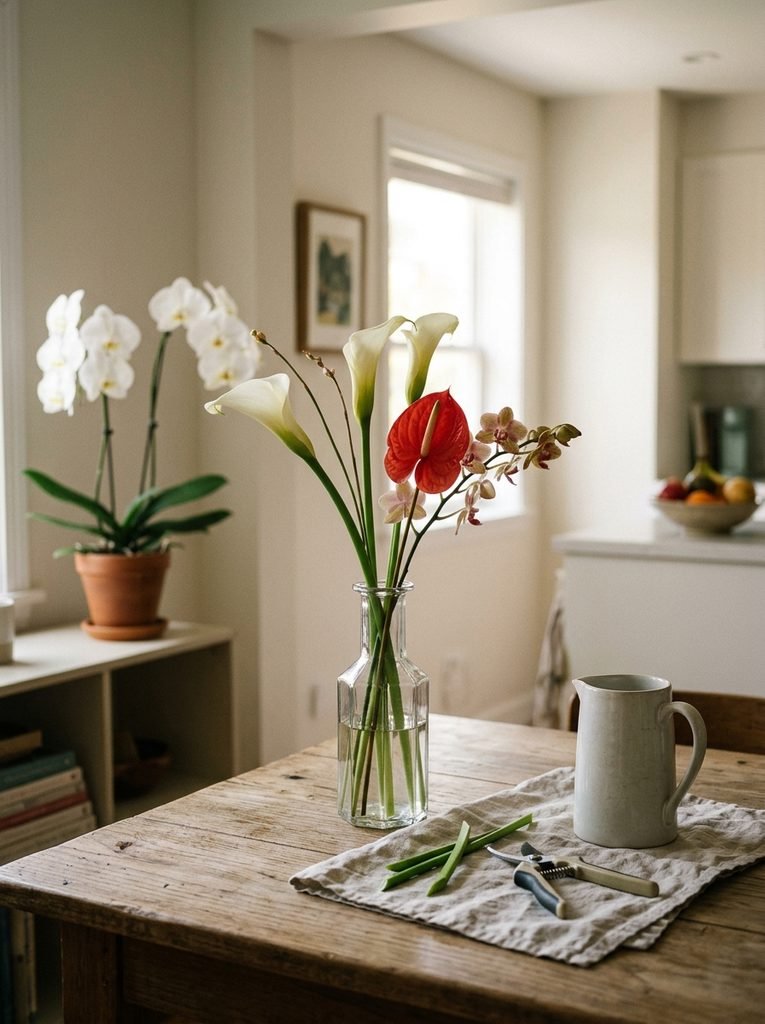 Structured arrangements fall apart fast in a hot room, and one wilted calla lily ruins the geometry. 