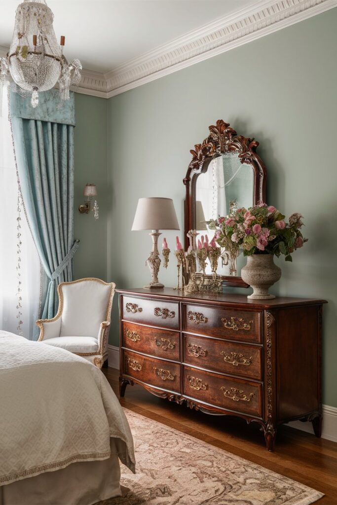 “French style bedroom furniture, carved wood dresser, elegant feminine decor”