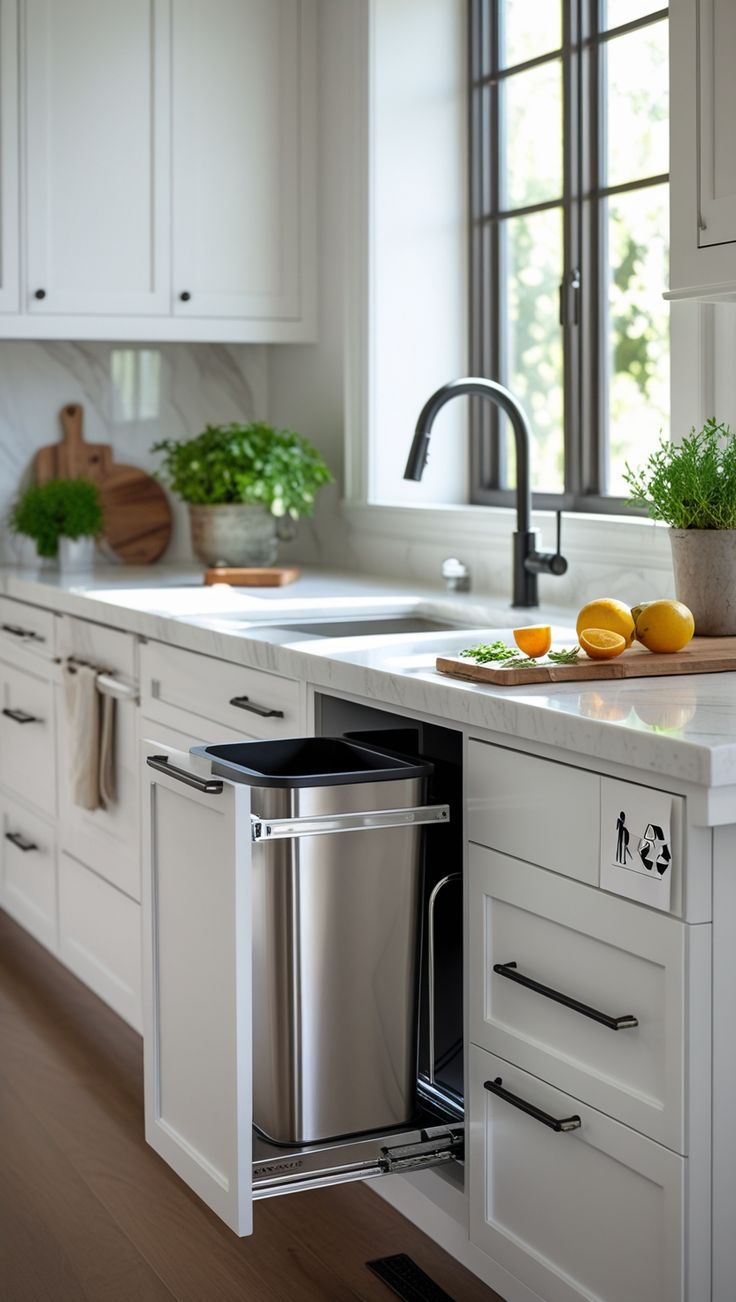 Hidden trash and recycling systems are essential in small kitchen trends for 2026
