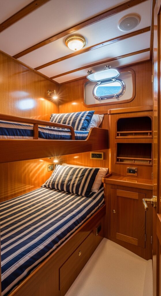 Image Prompt: “built-in bunk beds in yacht cabin, compact nautical bedroom”