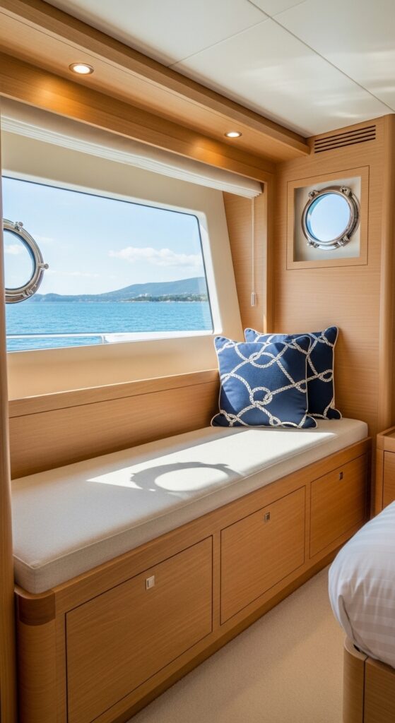“under-window storage bench in yacht bedroom, light wood finish”