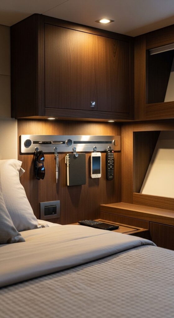 “magnetic wall organizer in yacht bedroom, compact storage solution”