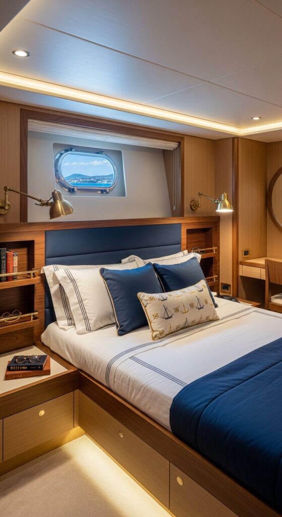 “yacht bed with built-in headboard storage, shelves and reading lights, compact luxury cabin”