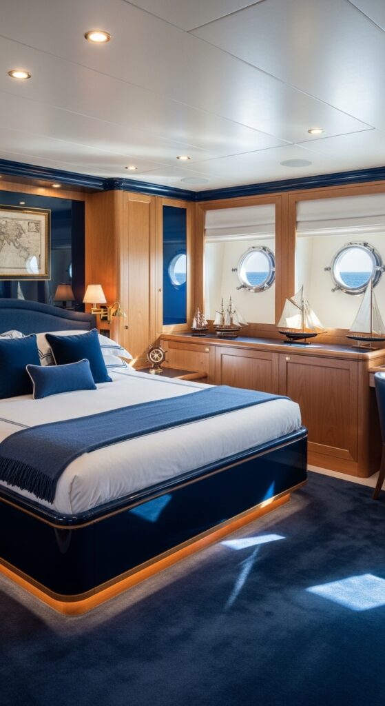 “yacht bedroom with navy, white, and wood tones, elegant nautical theme”
