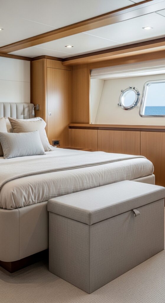 “compact storage ottoman at foot of bed in yacht bedroom, neutral tones”