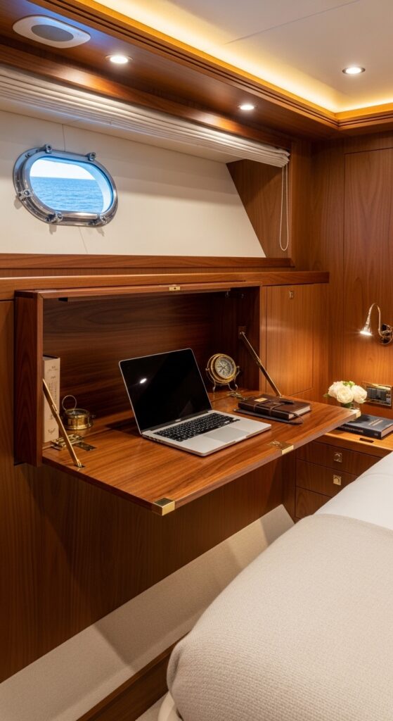 “foldable wall-mounted desk in yacht bedroom, compact workspace”