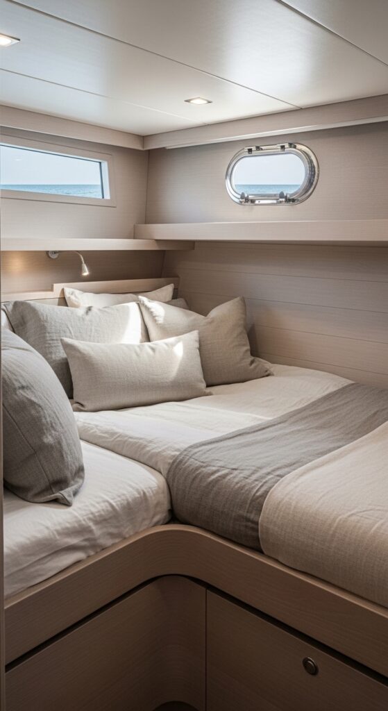 “corner bed in yacht cabin, compact layout, neutral tones”