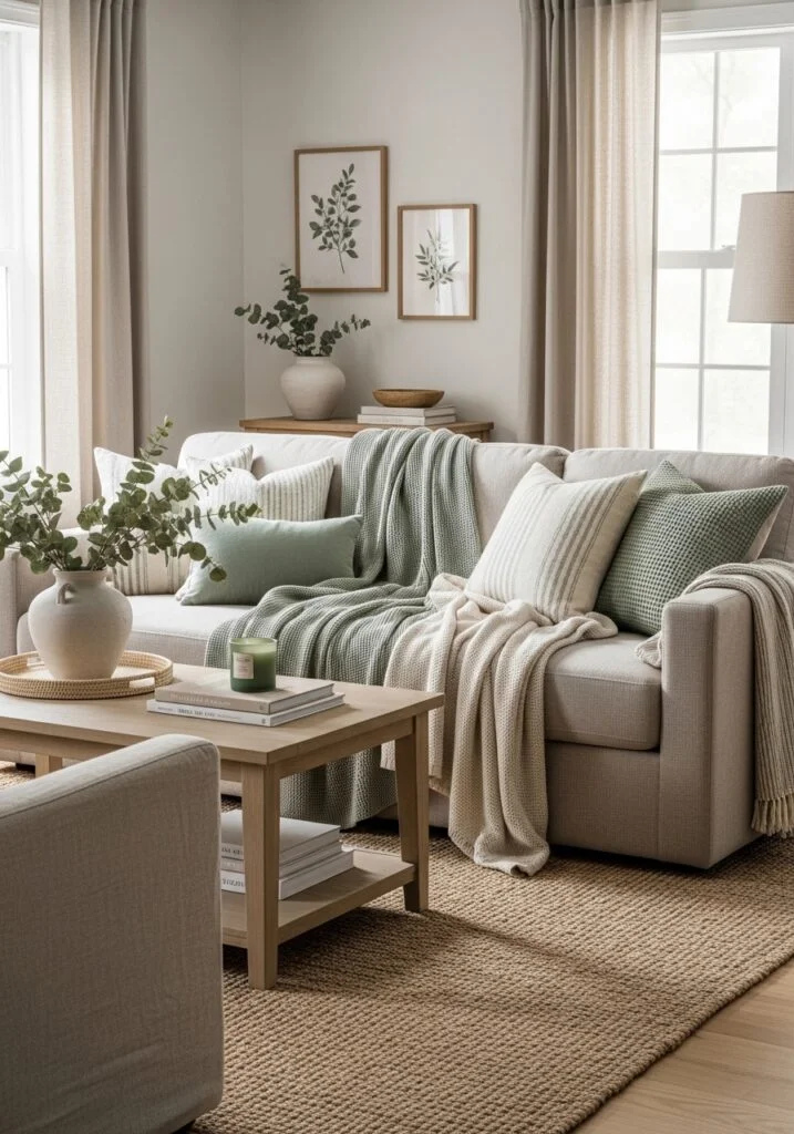 Layered Neutral Textiles with Sage Green Accents