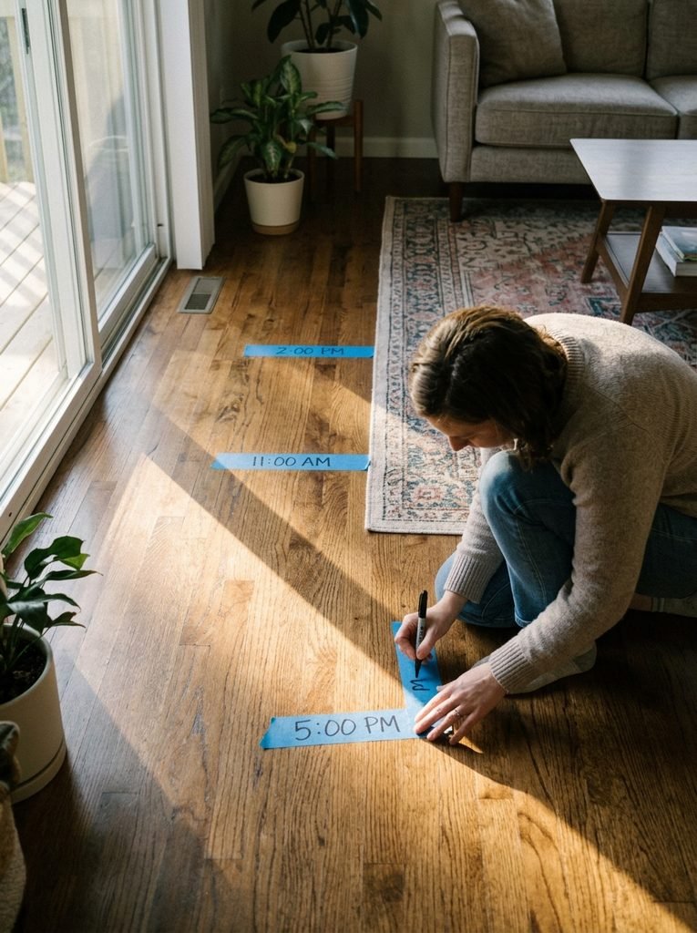Before you buy anything, spend one afternoon tracking light. At 11 a.m., 2 p.m., and 5 p.m., lay a strip of painter’s tape along the edge of each sun patch on the floor.