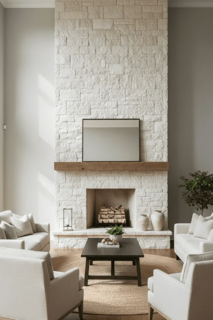 White Stacked Stone Natural Fireplace