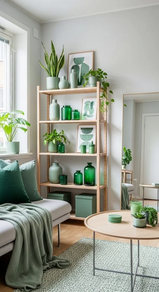Minimalist Green Decor Shelf Styling