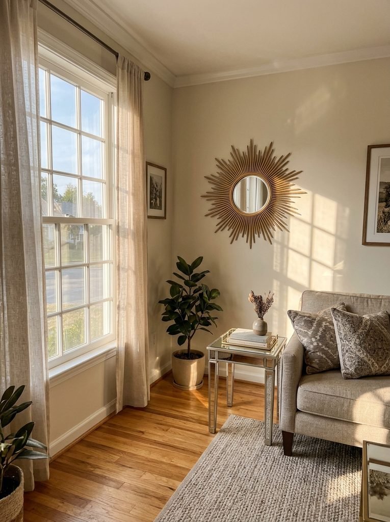 A sunburst mirror hung directly opposite a window can throw a bright beam across the room in summer. 