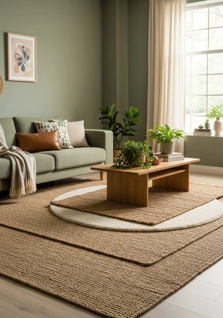 Natural Fiber Rugs Layered in Sage Green Spaces