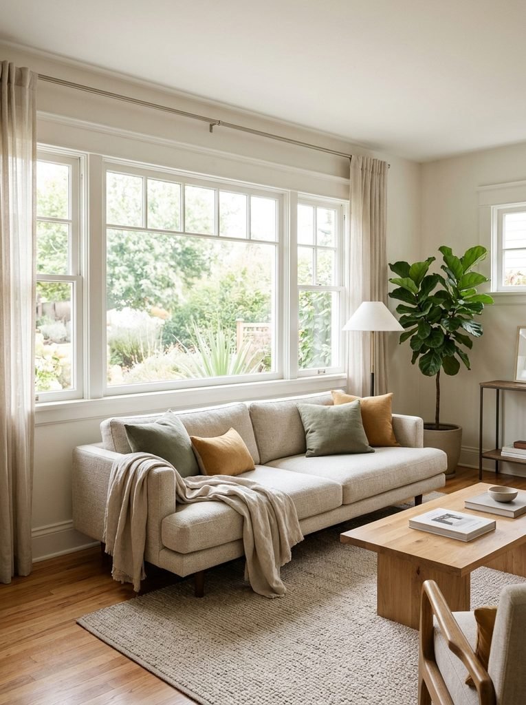 Slide your forearm along the window sill. Sills usually sit 30 to 36 inches above the floor, and many sofa backs top out around 33 to 36 inches.