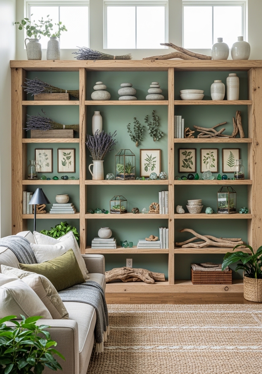 Open Wooden Shelving Displaying Natural Collections