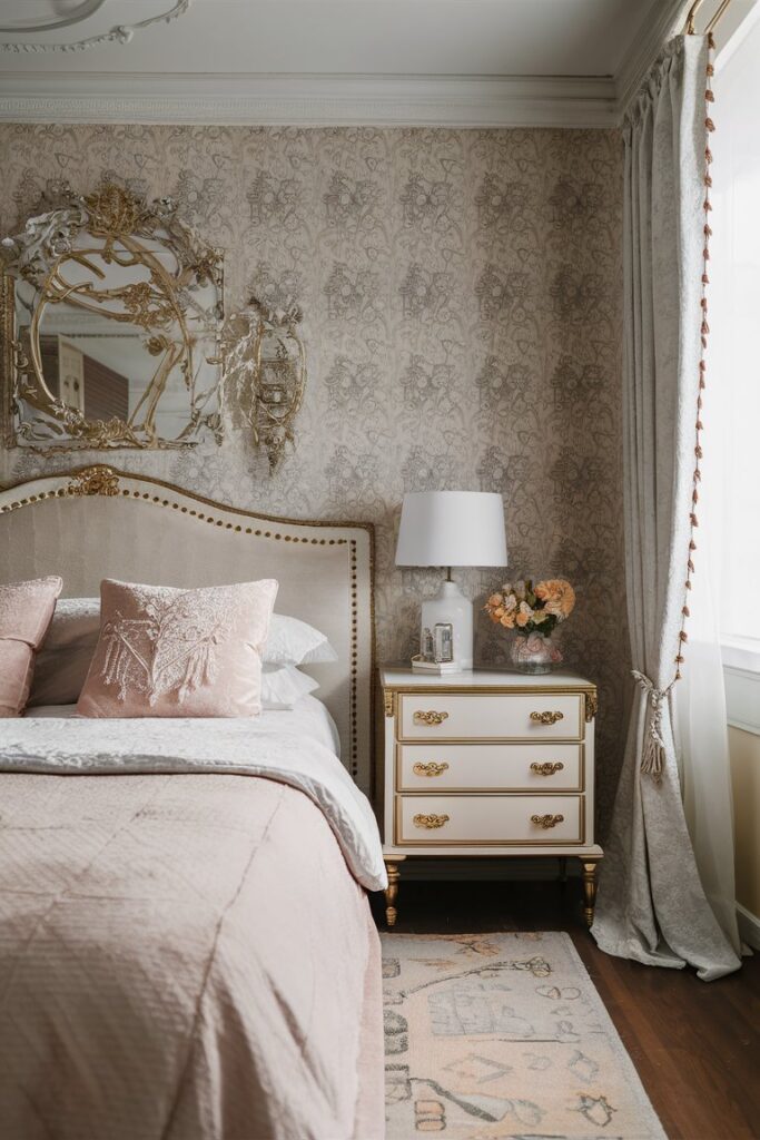 “Parisian style wallpaper with delicate patterns, elegant feminine bedroom, vintage furniture”