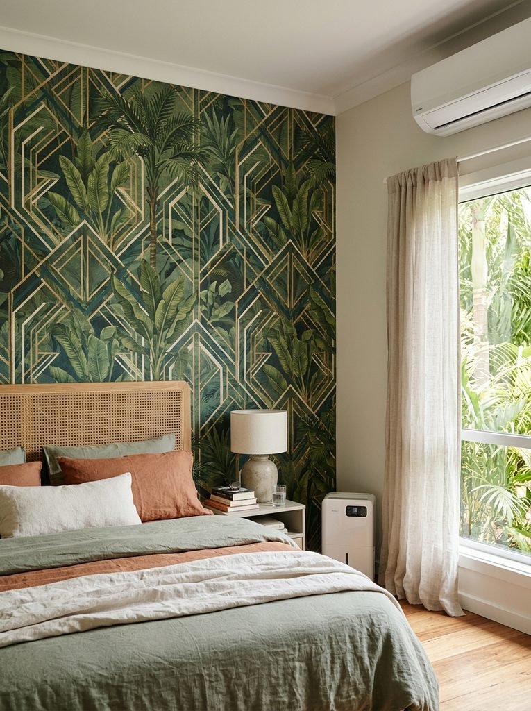 Tropical geometric wallpaper looks right in summer, and humidity is its enemy.