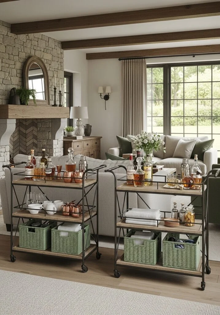 Rustic Bar Carts with Sage Green Storage Baskets