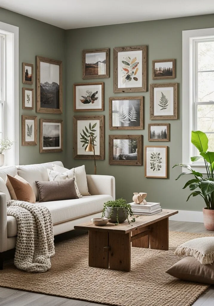 Sage Green Gallery Walls with Rustic Wood Frames