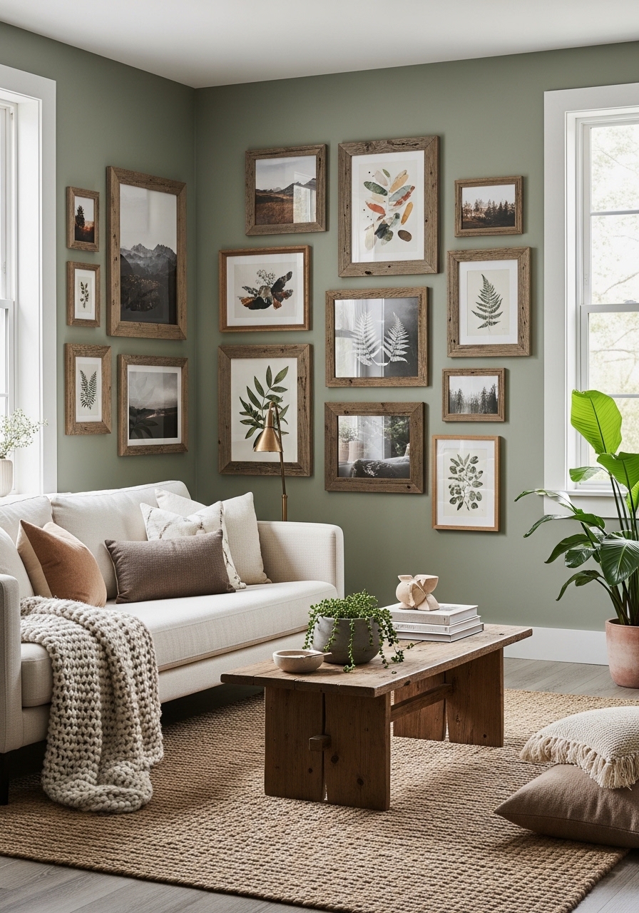 Sage Green Gallery Walls with Rustic Wood Frames