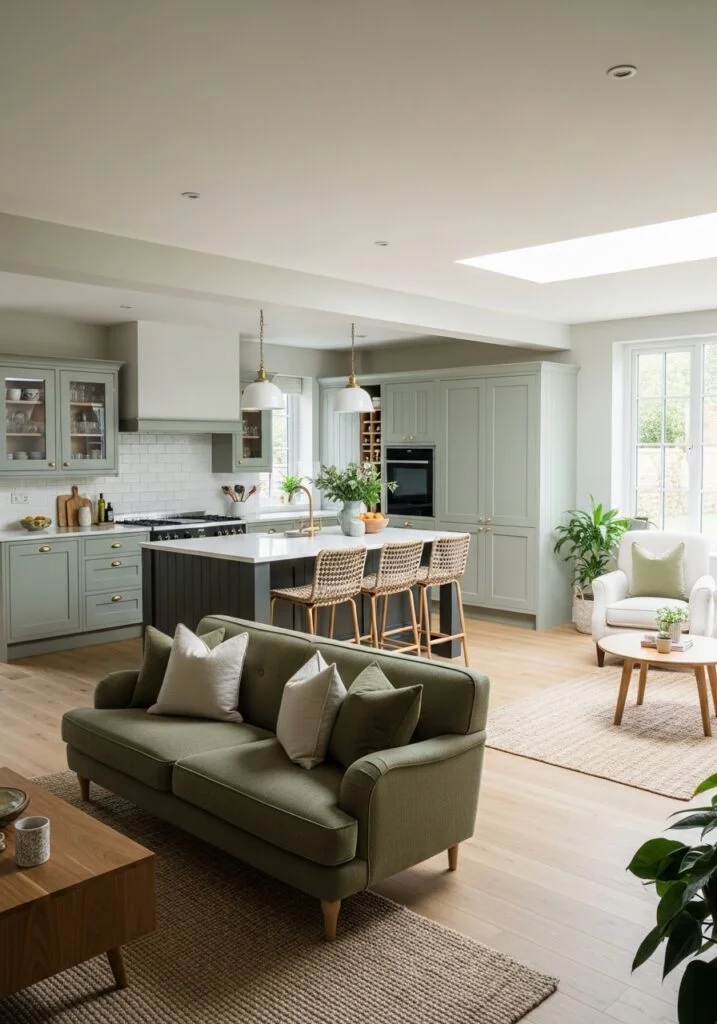 Sage Green Kitchen Cabinets Visible from Living Areas