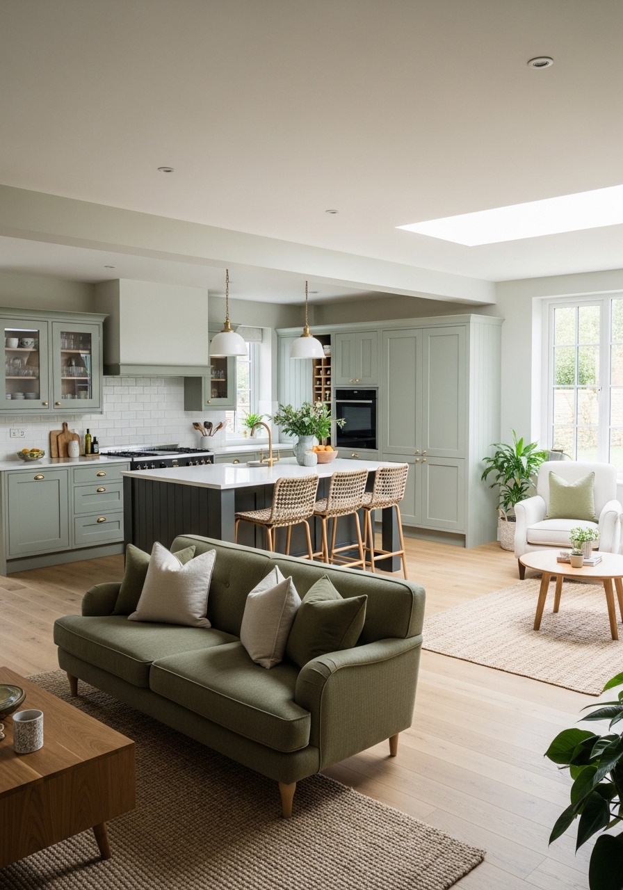 Sage Green Kitchen Cabinets Visible from Living Areas