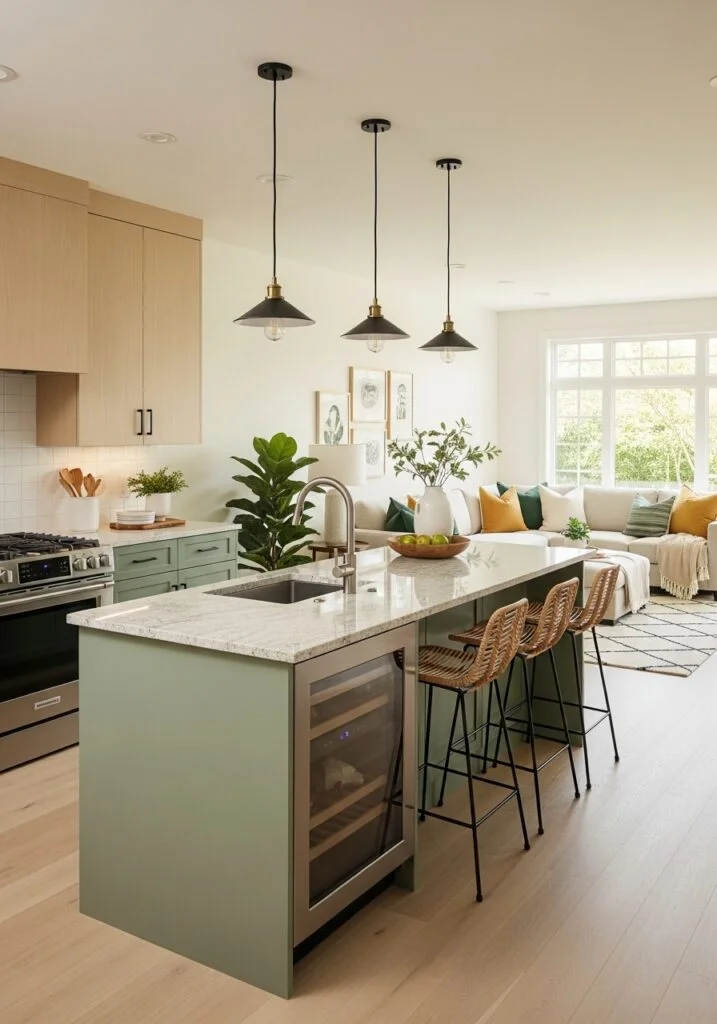 Sage Green Kitchen Islands Open to Living Rooms