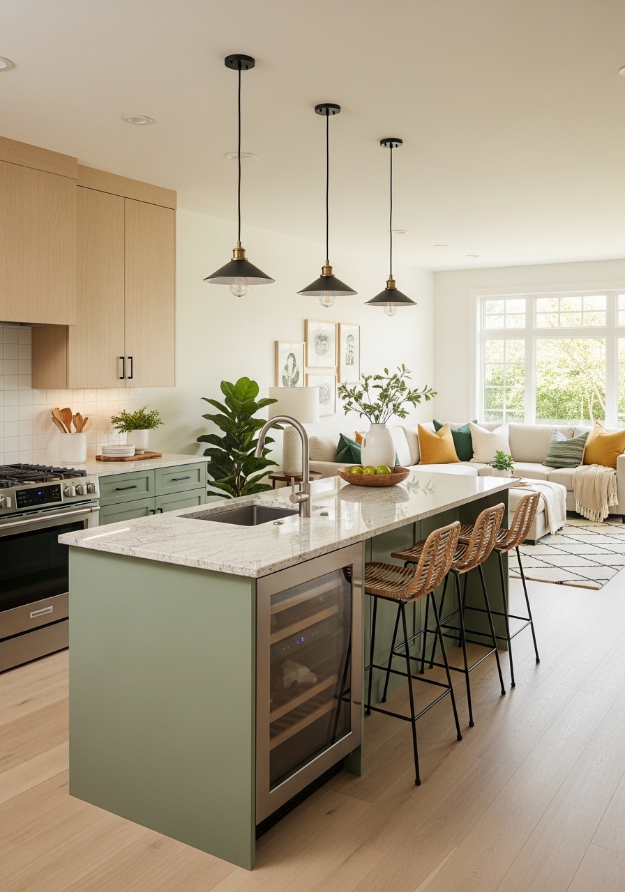 Sage Green Kitchen Islands Open to Living Rooms